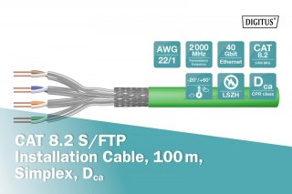 Kabel teleinformatyczny instalacyjny kat.8.2, S/FTP, Dca, AWG 22/1, LSOH, 100m, Zielony Digitus