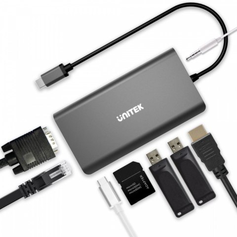 HUB 8-w-1 USB-C 3.1; HDMI; VGA; RJ45; SD; PD 100W; D1019B Unitek