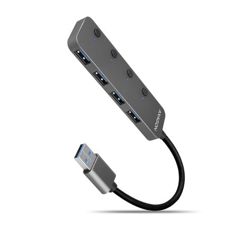 HUE-MSA Hub 4-portowy USB 3.2 Gen 1 switch, metalowy, 20cm USB-A kabel, microUSB dodatkowe zasilanie AXAGON