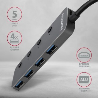 HUE-MSA Hub 4-portowy USB 3.2 Gen 1 switch, metalowy, 20cm USB-A kabel, microUSB dodatkowe zasilanie AXAGON