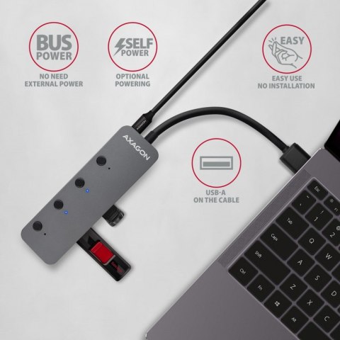 HUE-MSA Hub 4-portowy USB 3.2 Gen 1 switch, metalowy, 20cm USB-A kabel, microUSB dodatkowe zasilanie AXAGON
