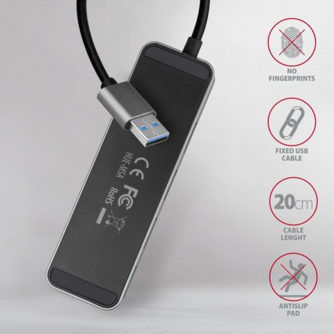 HUE-MSA Hub 4-portowy USB 3.2 Gen 1 switch, metalowy, 20cm USB-A kabel, microUSB dodatkowe zasilanie AXAGON