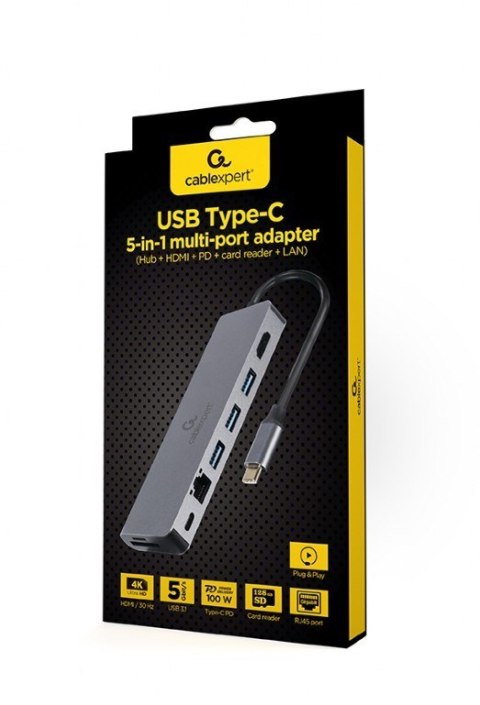 Hub USB-C do HDMI 1xUSB-C GbE 2xUSB-A Card PD Gembird
