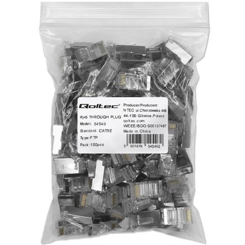 Wtyk przelotowy złącze RJ45 | CAT5e | FTP | Pass Through | Pozłacane styki | 100 sztuk Qoltec