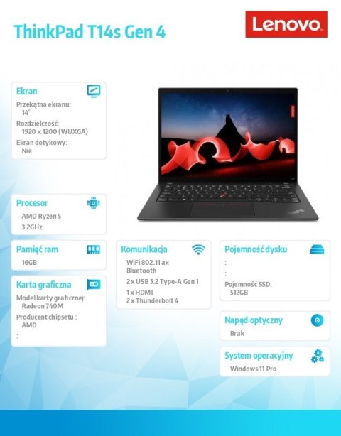 Ultrabook ThinkPad T14s G4 21F80025PB W11Pro 7540U/16GB/512GB/INT/14.0 WUXGA/Deep Black/3YRS Premier SUpport + CO2 Offset Lenovo