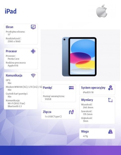 IPad WiFi 11 cali 512GB Niebieski Apple