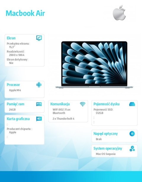 MacBook Air 15.3 cala: M4 10/10, 24GB, 512GB - Błękitny Apple