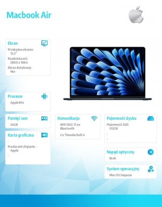 MacBook Air 15.3 cala: M4 10/10, 24GB, 512GB - Północ Apple