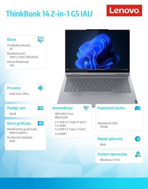 Laptop ThinkBook 14 G5 2in1 21SQ0016PB W11Pro Ultra 5 225U/16GB/512GB/INT/14.0 WUXGA/Touch/Luna Grey/3YRS OS + CO2 Offset Lenovo