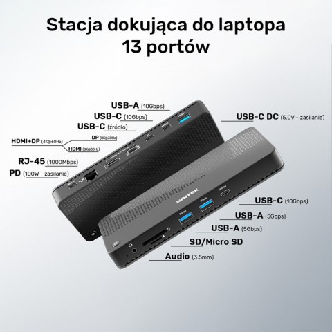 Stacja dokująca 12w1 USB-C, HDMI 2.1, USB 4, PD 100W; D1079A Unitek