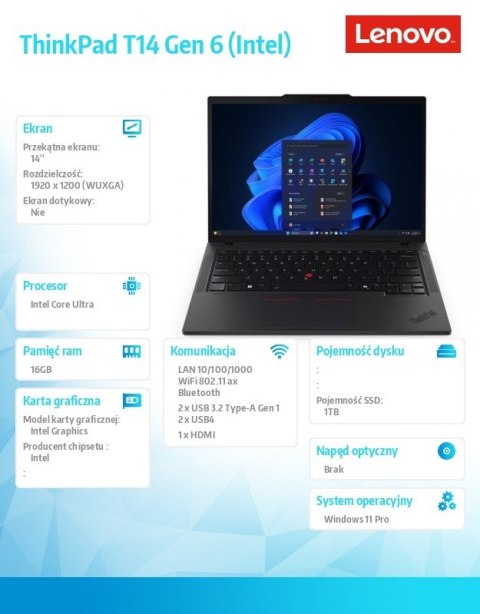 Ultrabook ThinkPad T14 G6 21QC004YPB W11Pro Ultra 7 255U/16GB/1TB/INT/14.0 WUXGA/Black/3YR Premier Support + CO2 Offset Lenovo