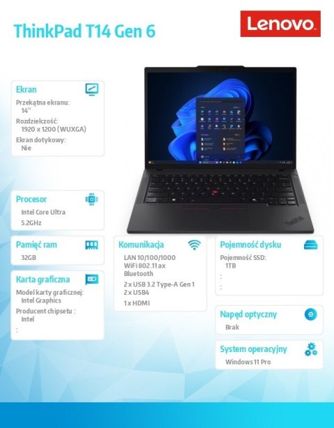 Ultrabook ThinkPad T14 G6 21QC005PPB W11Pro Ultra 7 255U/32GB/1TB/INT/14.0 WUXGA/Black/3YR Premier Support + CO2 Offset Lenovo