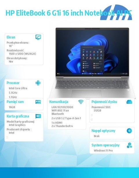 Notebook EliteBook 6 G1i U7-265U 512GB/16GB/W11P/16.0 C51GJET HP Inc.