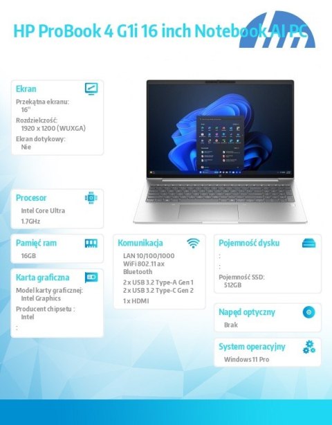 Notebook ProBook 4 G1i U7-255U 512GB/16GB/W11P/16.0 C51MLET HP Inc.