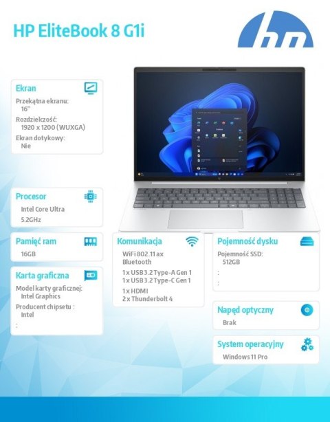 Notebook EliteBook 8 G1i U7-255U 512GB/16GB/W11P/16cali C51LLET HP Inc.
