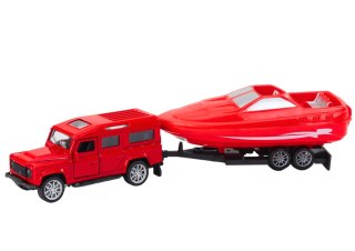 Auto Terenowe Z Przyczepą I Motorówką Metalowy Czerwony LEAN Toys