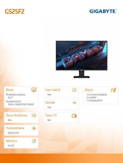 Monitor 24.5 cala GS25F2 IPS FHD HDMI DP 200HZ Gigabyte