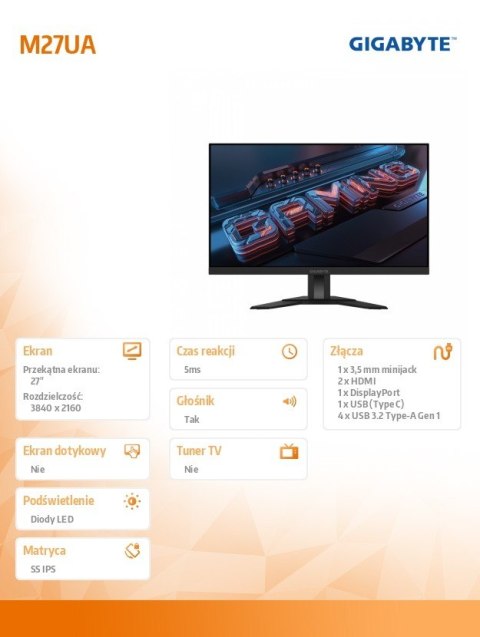 Monitor 27 cali M27UA IPS UHD 2HDMI DP 160Hz Gigabyte