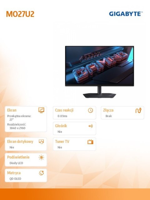 Monitor 27 cali MO27U2 GAMING 4K UHD 240Hz DP HDMI Gigabyte