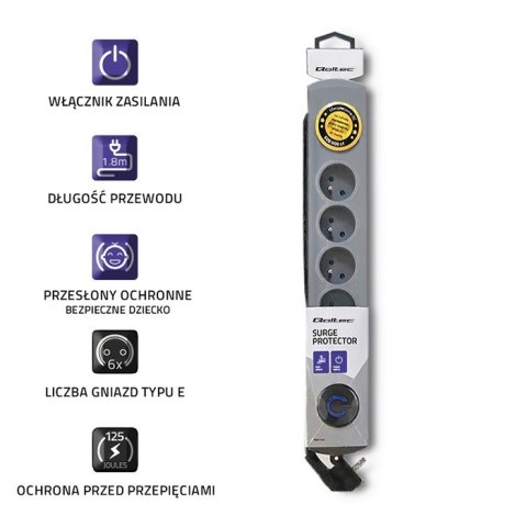 Listwa antyprzepięciowa Quick Switch, 6 gniazd, 1,8m, szara Qoltec