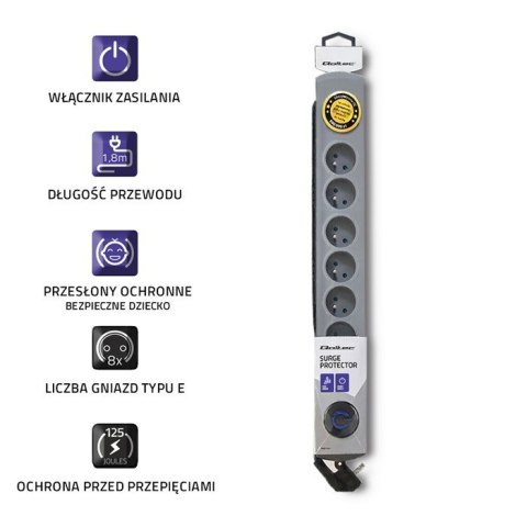 Listwa antyprzepięciowa Quick Switch, 8 gniazd, 1,8m, szara Qoltec