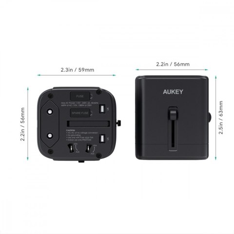 PA-TA01 Black uniwersalny podróżny adapter sieciowy 2xUSB+1xUSB C | 7.8A | pasuje w 150 krajach AUKEY