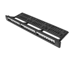 Patch panel pusty 24 porty 1U 19 cali czarny z organizerem do modułów keystone Lanberg