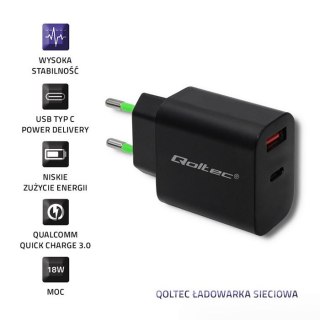 Ładowarka sieciowa | 18W | 5-12V | 1.5-3A | USB typ C PD | USB QC 3.0 | Czarna Qoltec