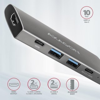 HMC-5G2 Wieloportowy hub USB 5in1, 10Gbps, 2x USB-A + 2x USB-C + HDMI 4K/60Hz, PD 100W, 13cm USB-C kabel AXAGON