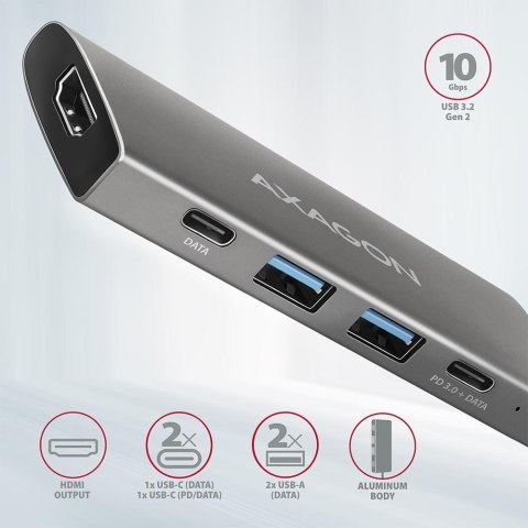 HMC-5G2 Wieloportowy hub USB 5in1, 10Gbps, 2x USB-A + 2x USB-C + HDMI 4K/60Hz, PD 100W, 13cm USB-C kabel AXAGON