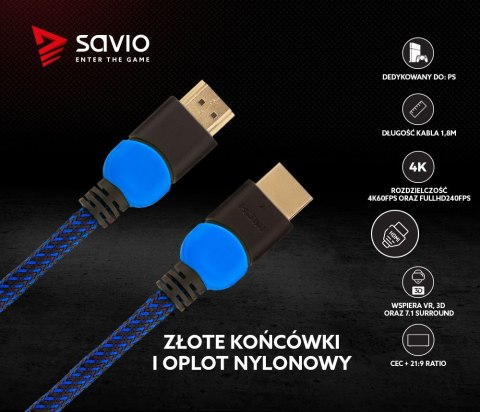 Kabel HDMI 2.0 niebiesko-czarny 1,8m, GCL-02 Savio