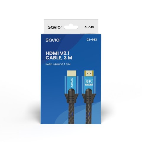 Kabel HDMI (M) v2.1, 3m, 8K, miedź, niebiesko-czarny, złote końcówki, ethernet/3D, CL-143 Savio