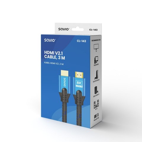 Kabel HDMI (M) v2.1, 3m, 8K, miedź, niebiesko-czarny, złote końcówki, ethernet/3D, CL-143 Savio