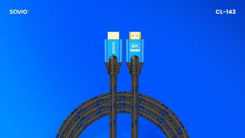 Kabel HDMI (M) v2.1, 3m, 8K, miedź, niebiesko-czarny, złote końcówki, ethernet/3D, CL-143 Savio