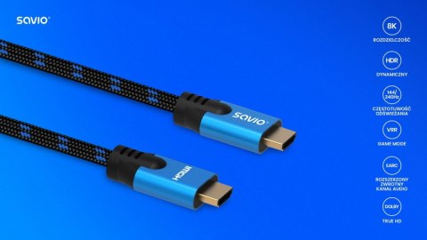 Kabel HDMI (M) v2.1, 3m, 8K, miedź, niebiesko-czarny, złote końcówki, ethernet/3D, CL-143 Savio
