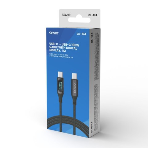 Kabel USB - USB C z wyświetlaczem, 100W, CL-174 Savio