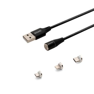 Kabel magnetyczny USB - USB typ C, Micro i Lightning, czarny, 1m, CL-152 Savio