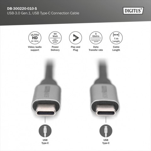 Kabel połączeniowy USB 3.0 60W/5Gbps Typ USB C/USB C M/M 1m Czarny Digitus