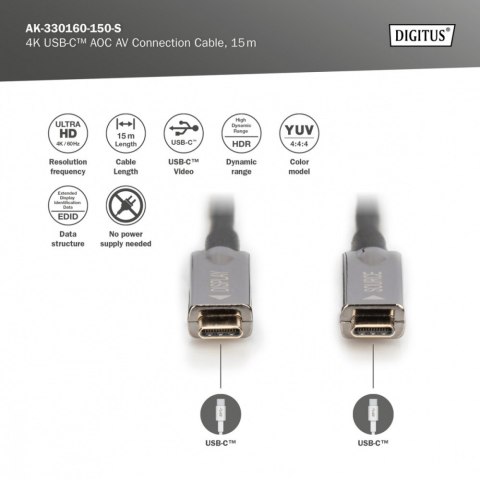 Kabel połączeniowy hybrydowy AOC USB 3.1 Typ C/USB Typ C 4K 60Hz 15m Digitus
