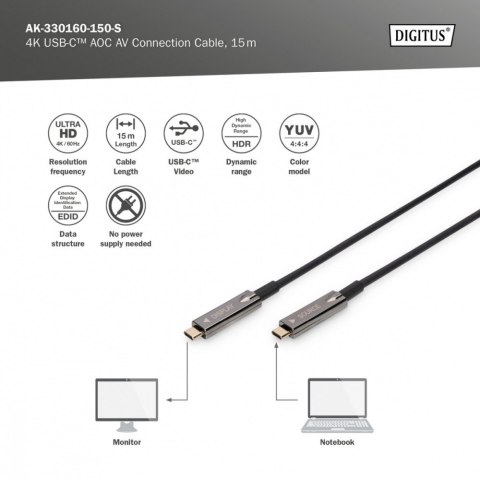 Kabel połączeniowy hybrydowy AOC USB 3.1 Typ C/USB Typ C 4K 60Hz 15m Digitus