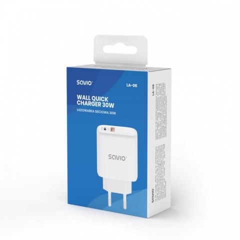 Ładowarka sieciowa USB Quick Charge, Power Delivery 3.0, 30W, LA-06 Savio