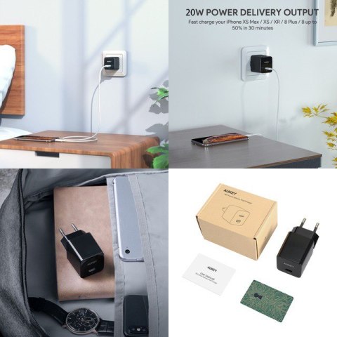 PA-Y20S Black Mini ładowarka sieciowa 1xUSB-C 20W PD Power Delivery AUKEY