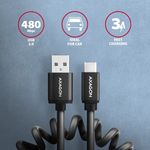 BUCM-AM10TB Kabel Twister USB-C - USB-A, 0,6m, USB 2.0, 2.4A, ALU, PVC Czarny AXAGON
