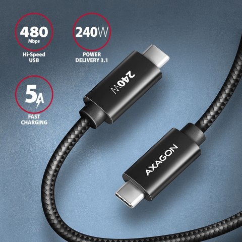 BUCM2-CM30AB Kabel USB-C - USB-C, 3.0m 5A charging, ALU, 240W PD, oplot, USB2.0, czarny AXAGON