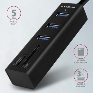 HMA-CR3A Wieloportowy hub 3x USB-A + SD/microSD, USB3.2 Gen 1 hub, metalowy, 20cm USB-A kabel AXAGON