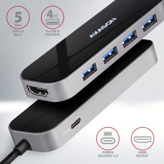 HMC-6H4A Wieloportowy hub 4x USB-A + HDMI, USB-C 3.2 Gen 1, PD 100W, 20cm USB-C kabel AXAGON