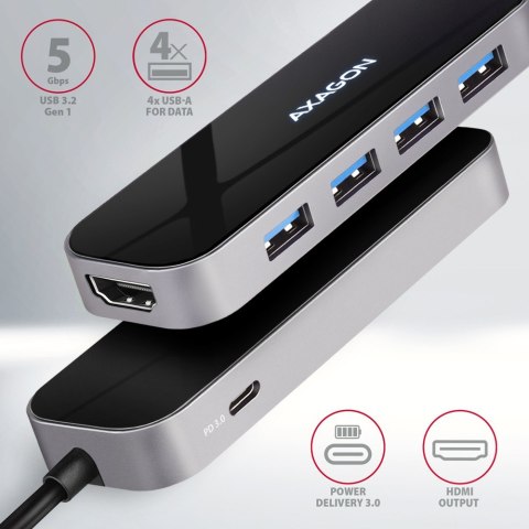 HMC-6H4A Wieloportowy hub 4x USB-A + HDMI, USB-C 3.2 Gen 1, PD 100W, 20cm USB-C kabel AXAGON