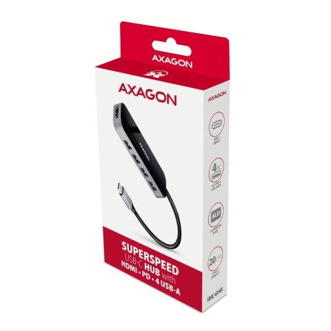 HMC-6H4A Wieloportowy hub 4x USB-A + HDMI, USB-C 3.2 Gen 1, PD 100W, 20cm USB-C kabel AXAGON