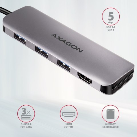 HMC-HCR3A Wieloportowy hub 3x USB-A + HDMI + SD/microSD, USB-C 3.2 Gen1, 20cm USB-C kabel AXAGON