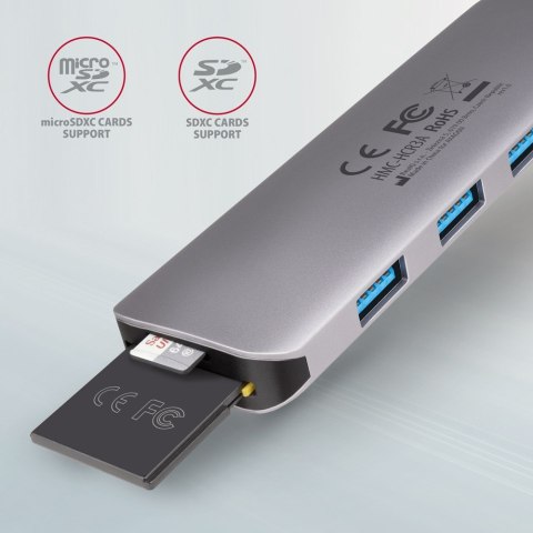 HMC-HCR3A Wieloportowy hub 3x USB-A + HDMI + SD/microSD, USB-C 3.2 Gen1, 20cm USB-C kabel AXAGON